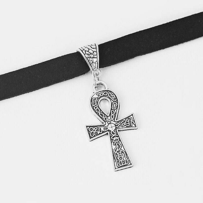 Black 10mm Flat Faux Suede Cord Egypt Ankh Cross Charm Choker 13 Inches Necklace Wiccan Pagan Gothic Jewelry