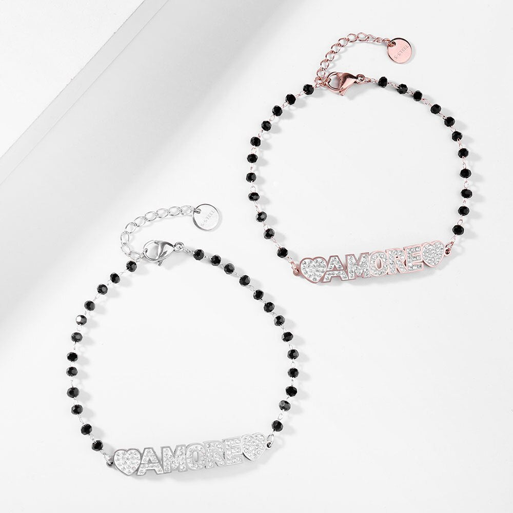 Black Bead Chain Bracelets Rose Gold Silverly Crystal Heart AMORE/FAMILY LettersTrendy Bracelet For Woman Jewelry Gifts