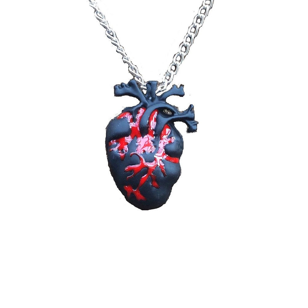 Black Bloody Red Anatomical Heart Pendant Necklace Love Horror Alterantive Gothic Anatomy black Heart necklace