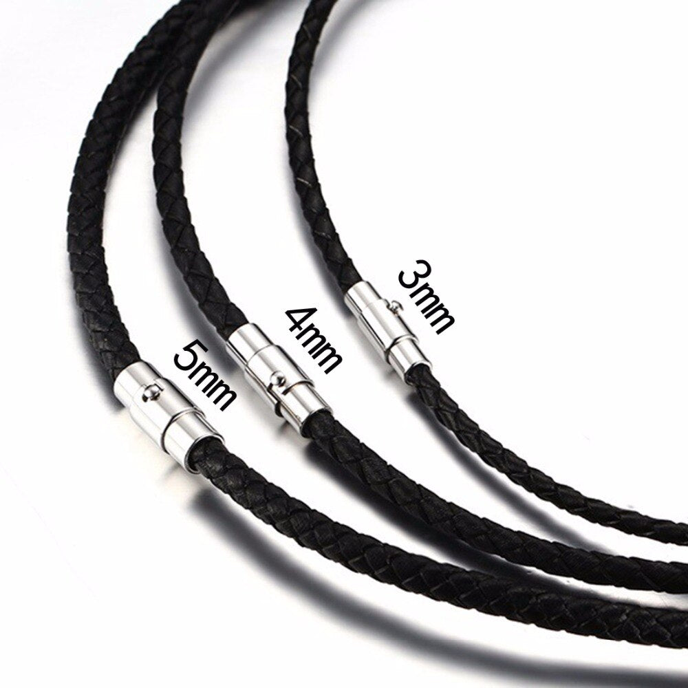 Black Braided Cord Rope Man Made Leather Necklace for Men Choker Silver Color Stainless Steel Clasp 3/4/5mm Men Necklace