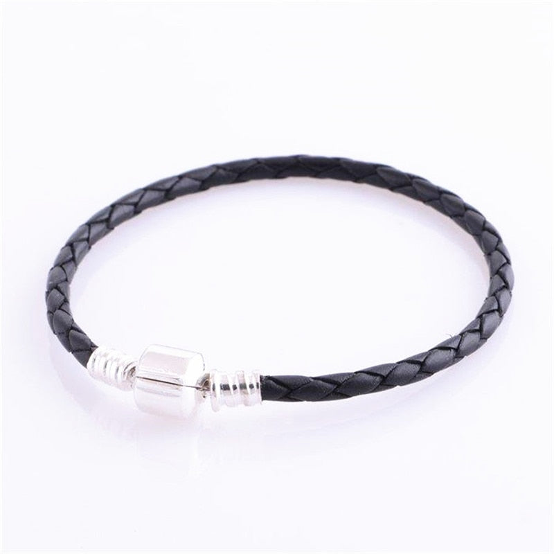 Black Braided Leather Chain Bracelet for Women with 100% 925 Sterling Silver Barrel Clasp fit Charm Beads DIY PLE001