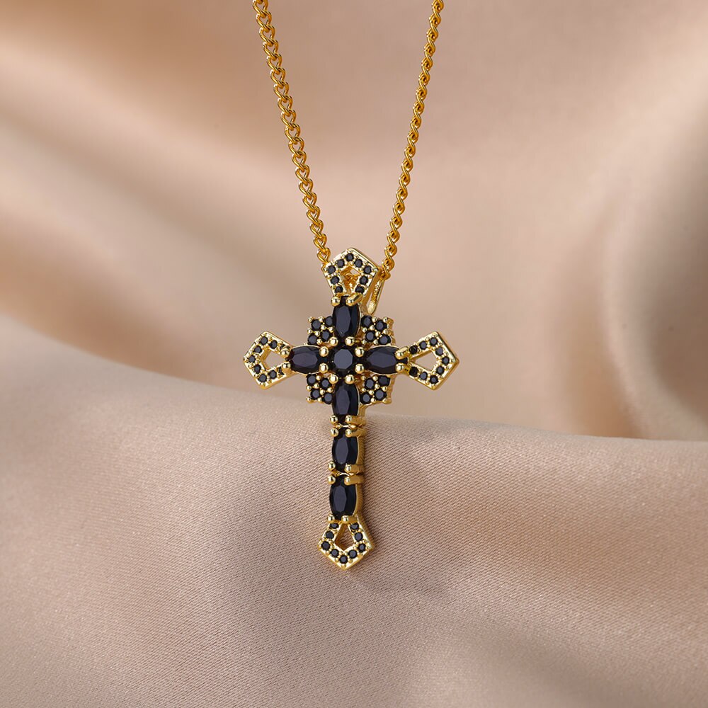 Black Color Cross Pendant Necklace for Women Cuban Chains Stainless Steel Necklaces Jesus Religious Couple Aesthetic Jewelry