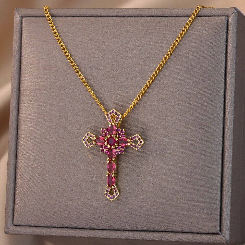 Black Color Cross Pendant Necklace for Women Cuban Chains Stainless Steel Necklaces Jesus Religious Couple Aesthetic Jewelry