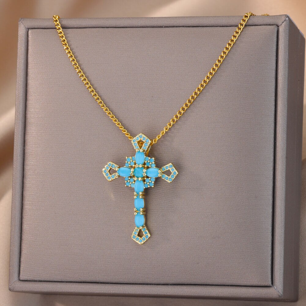 Black Color Cross Pendant Necklace for Women Cuban Chains Stainless Steel Necklaces Jesus Religious Couple Aesthetic Jewelry