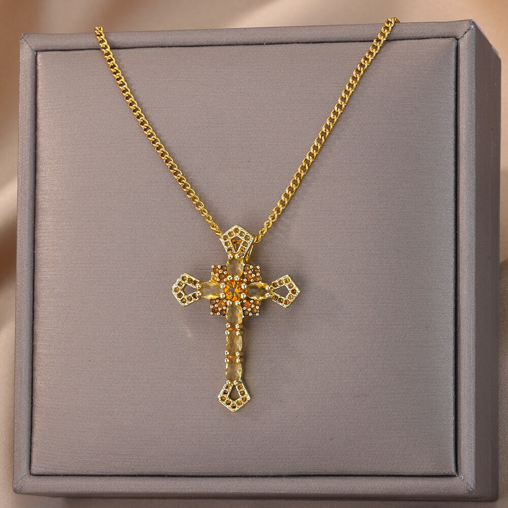 Black Color Cross Pendant Necklace for Women Cuban Chains Stainless Steel Necklaces Jesus Religious Couple Aesthetic Jewelry