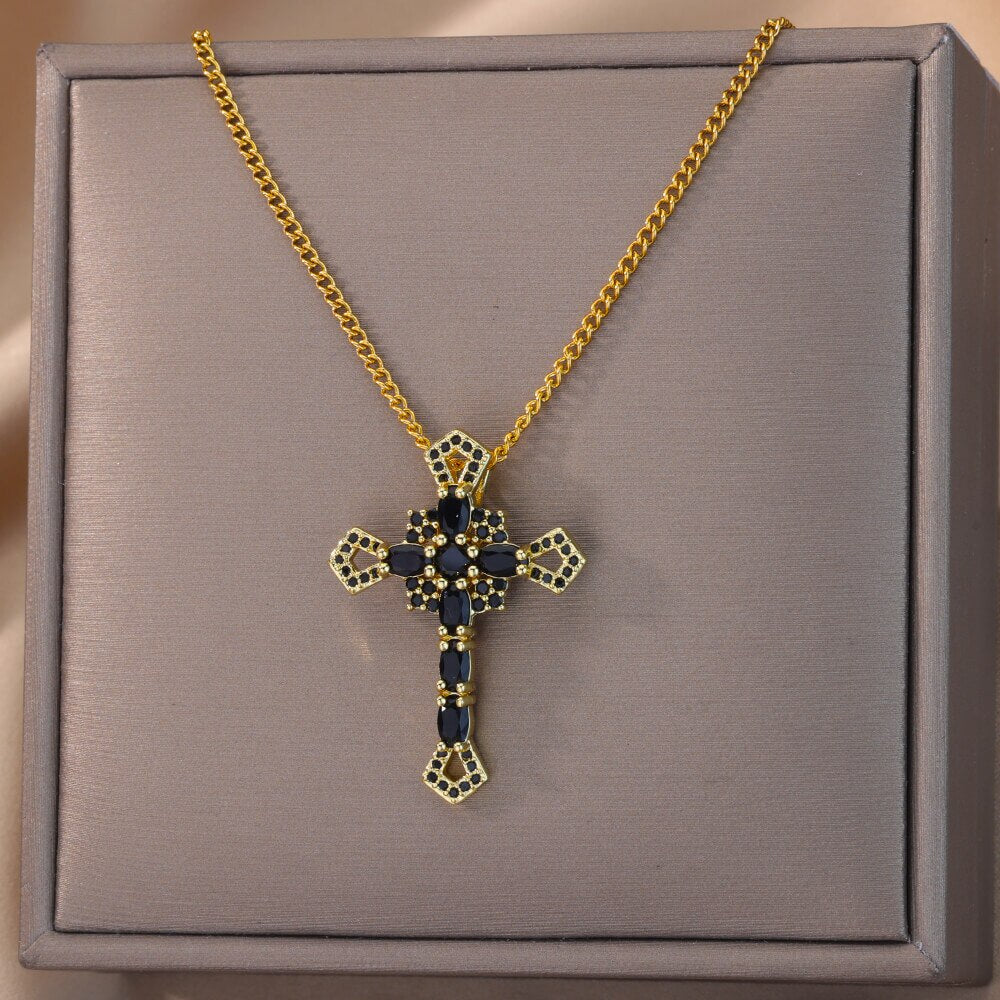 Black Color Cross Pendant Necklace for Women Cuban Chains Stainless Steel Necklaces Jesus Religious Couple Aesthetic Jewelry