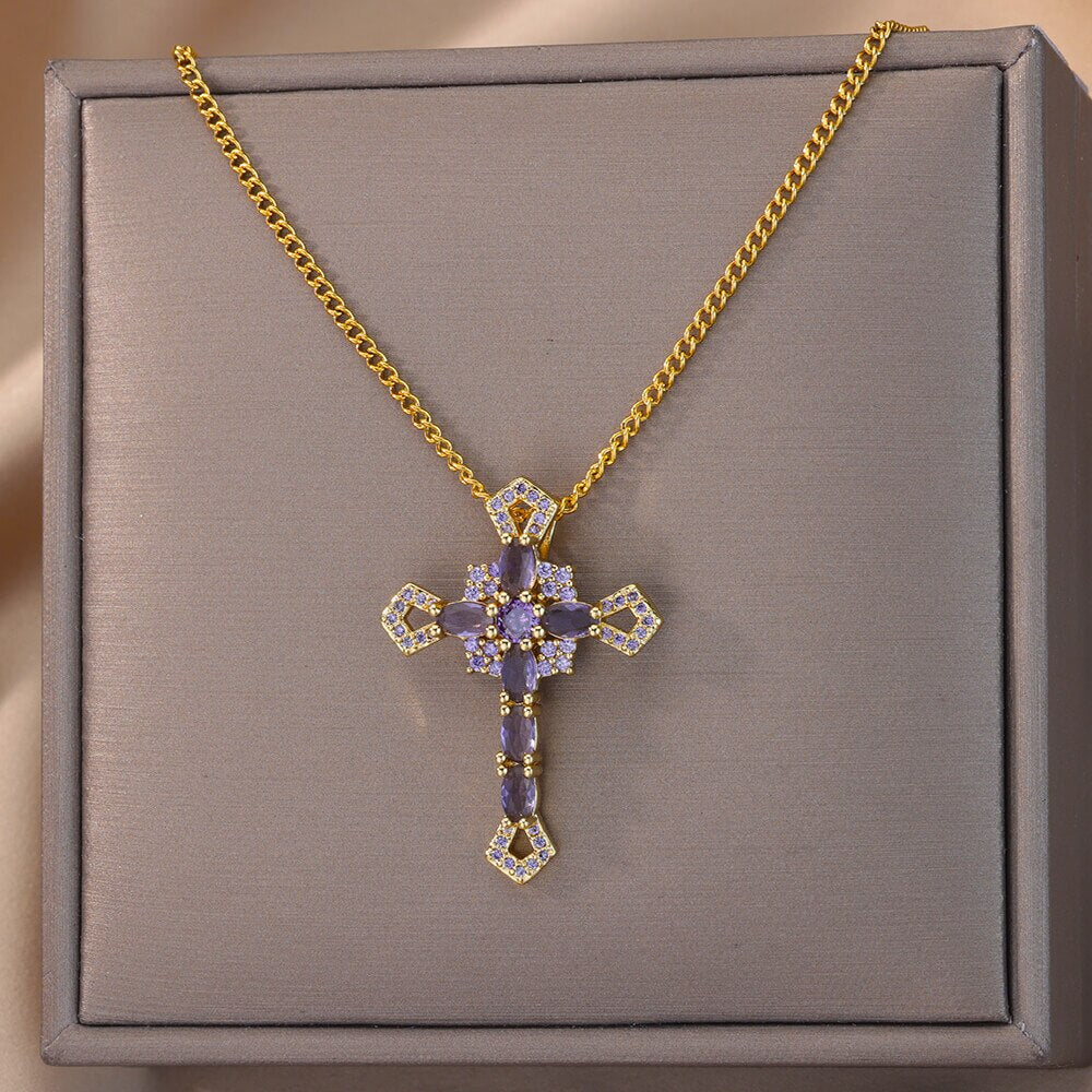 Black Color Cross Pendant Necklace for Women Cuban Chains Stainless Steel Necklaces Jesus Religious Couple Aesthetic Jewelry