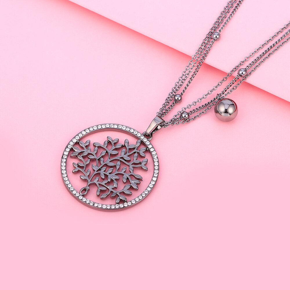 Black Color Tree Of Life For Woman Big Crystal Pendant Long Three-Layer Chain Necklaces Woman Charms Jewelry Accessories 2022