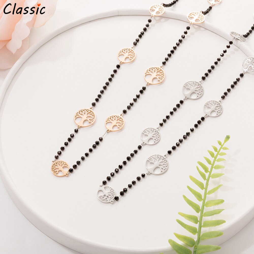 Black Crystal Long Chain Necklace for Women Stainless Steel Rose Gold Tree of Life Sweater Necklace 2022 Statement  Jewelry