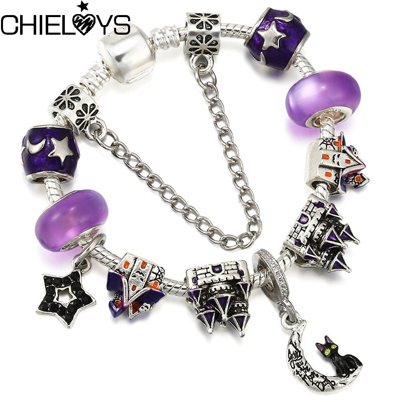 Black Enamel Cat Star Moon Pendant Bracelet With Silver Plated Castle Beads Charm Bracelets For Women Girl Jewelry Gift