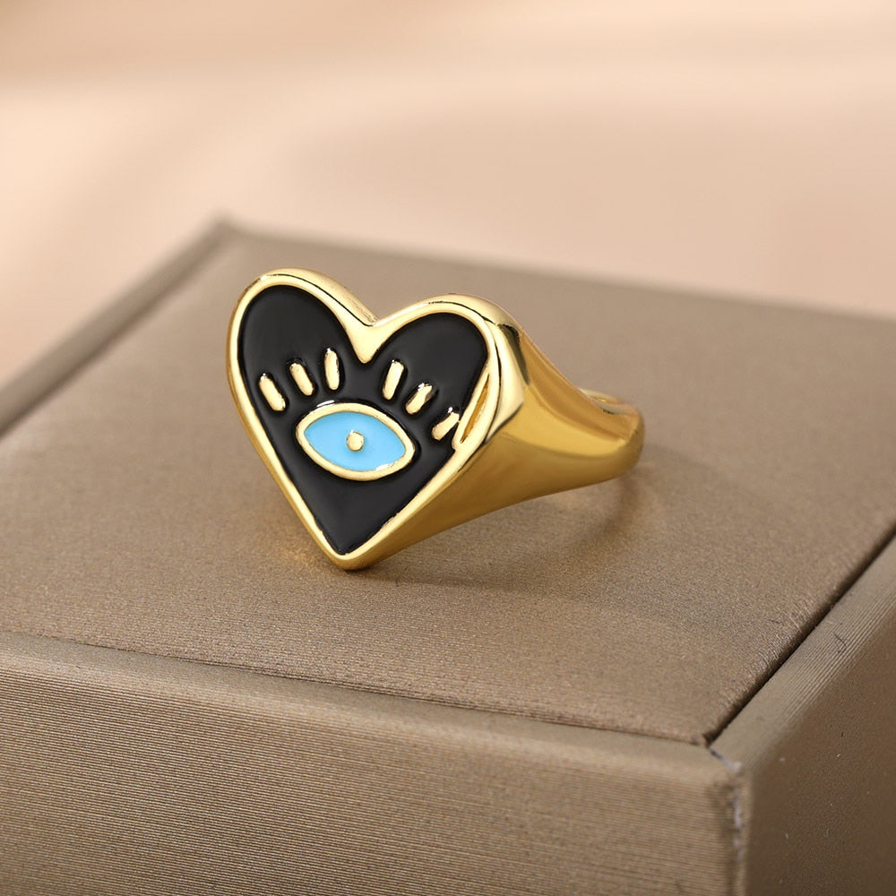 Black Enamel Heart Rings for Women Open Adjustable Stainless Steel Evil Eye Ring 2023 Trend Couple Party Jewelry anillos mujer