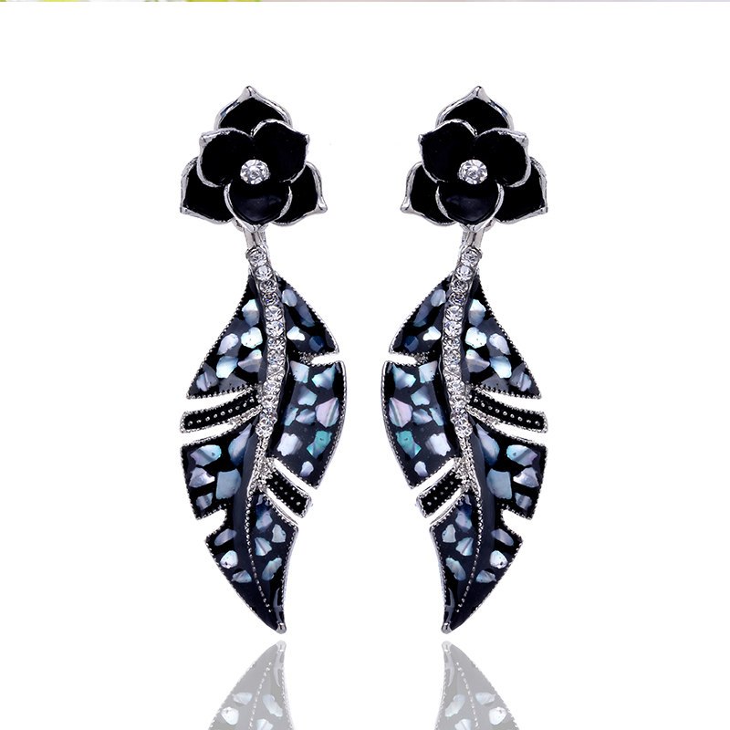 Black Flower Crystal Leaf Design Drop Earrings 2020 New Trendy Silver Drop Earrings Personality Statement Jewelry for Women