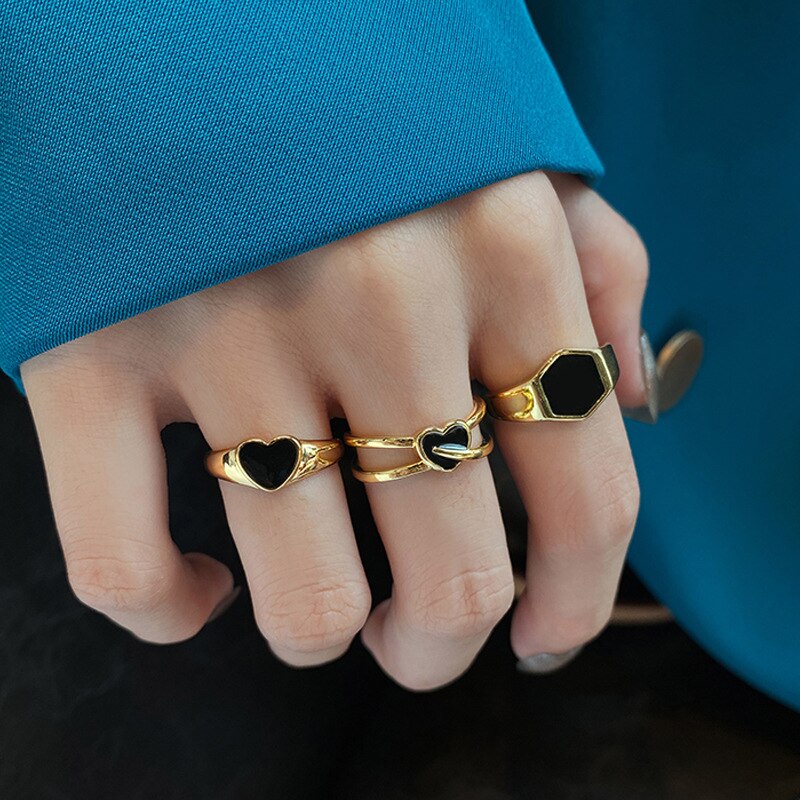 Black Hexagon Heart Women's Ring Gold Sliver Colour Rings For Girls   Designer Retro Jewelry Accessories