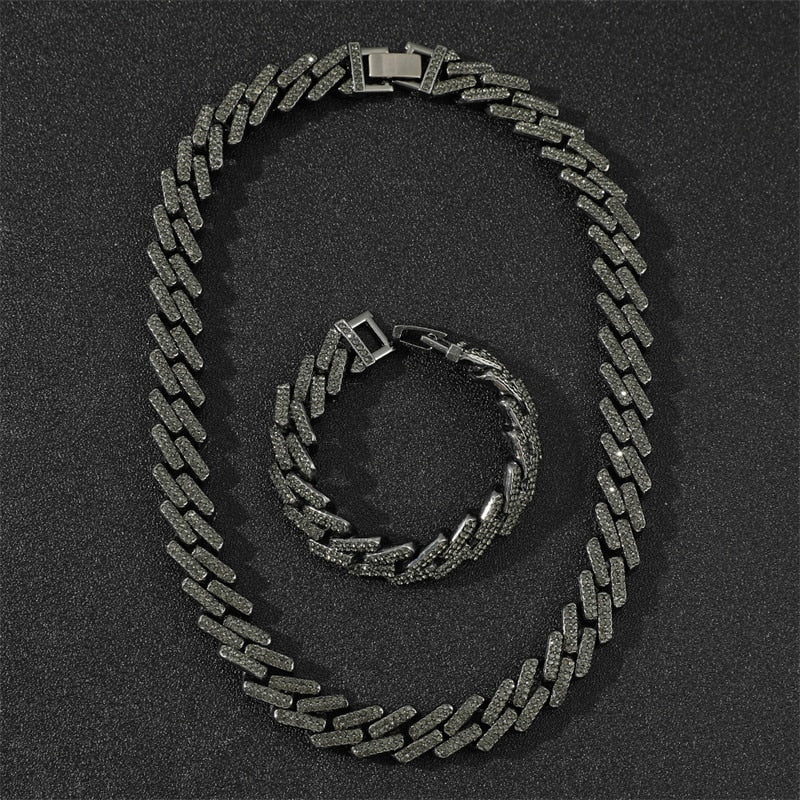 Black Hip Hop Miami Curb Cuban Chain Iced Out Rhinestones Necklace & Bracelet Chaine Homme Rapper Jewelry For Men Freeshipping