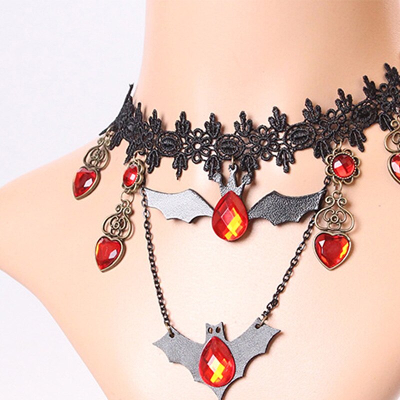 Black Hollow Velvet Chokers Bats Lace Necklace Heart Rhinestone Charm Statement Chain Necklaces For Women Halloween Jewelry Gift