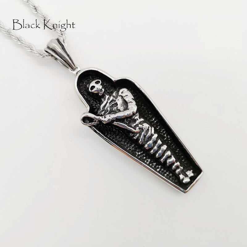 Black Knight Gothetic coffin skeleton pendant necklace Vintage silver color coffin mummy skeleton necklace men punk BLKN0726