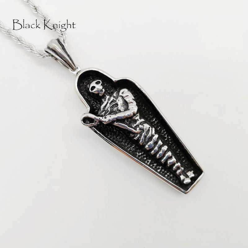 Black Knight Gothetic coffin skeleton pendant necklace Vintage silver color coffin mummy skeleton necklace men punk BLKN0726