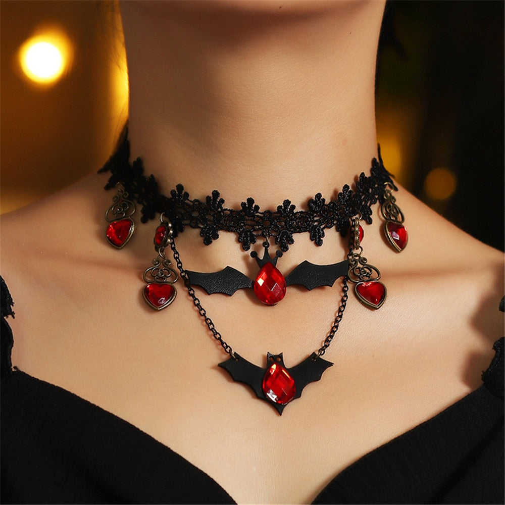 Black Lace Choker Gothic Victorian Necklace with Crystal For Women Girl Halloween Party Custume Vintage Thick Choke Jewelry Gift