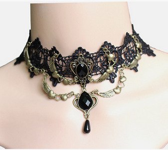 Black Lace Crystal Bronze Pendant Tassel Chain  Choker Collar Bib Necklace Victorian Jewelry