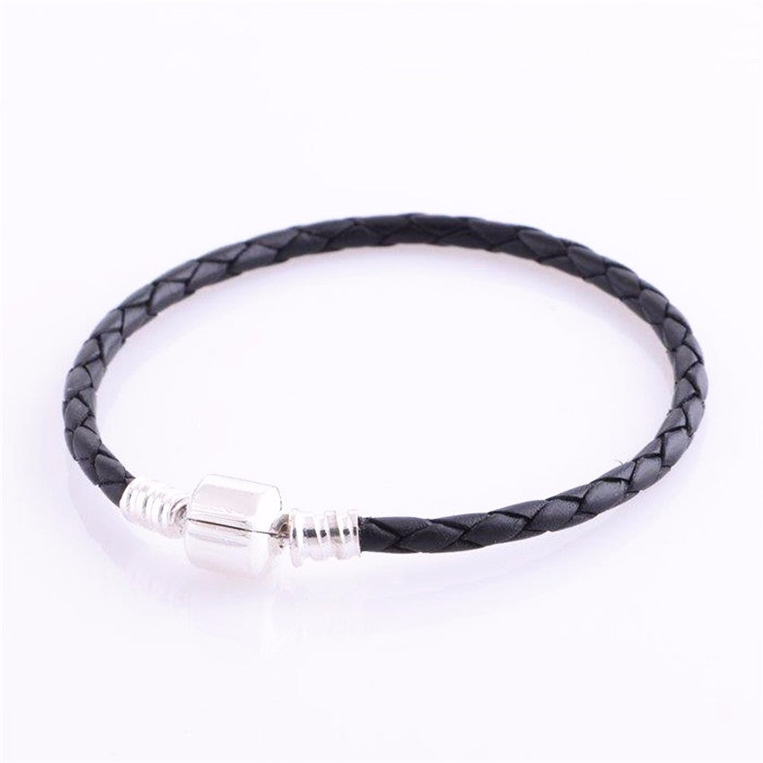 Black Leather Bracelet 925 Sterling Silver Clasp Clip Charm Bracelets for Women Fine Jewelry Making Accessories Wholesale