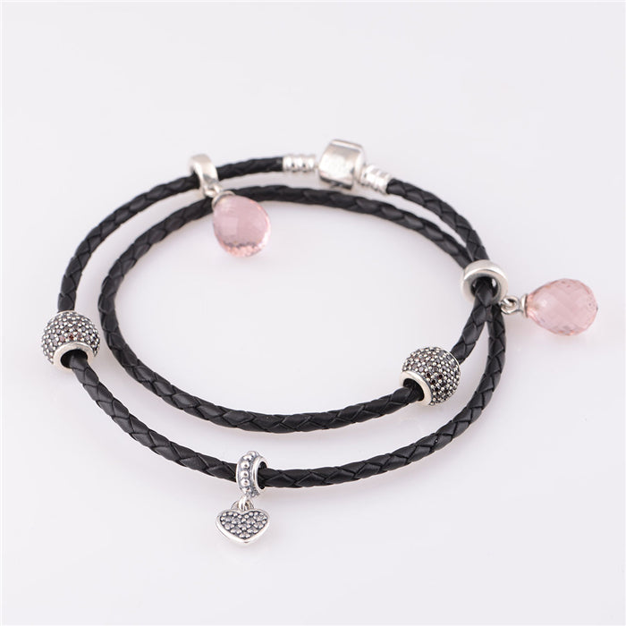 Black Leather Bracelets 100% 925 Authentic Sterling Silver Fine Jewelry