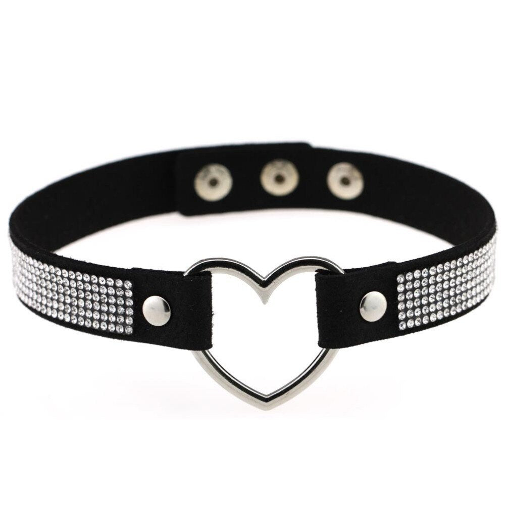 Black Leather Heart Rhinestone Choker Necklace Women Crystal Choker  Statement chocker collar jewellery