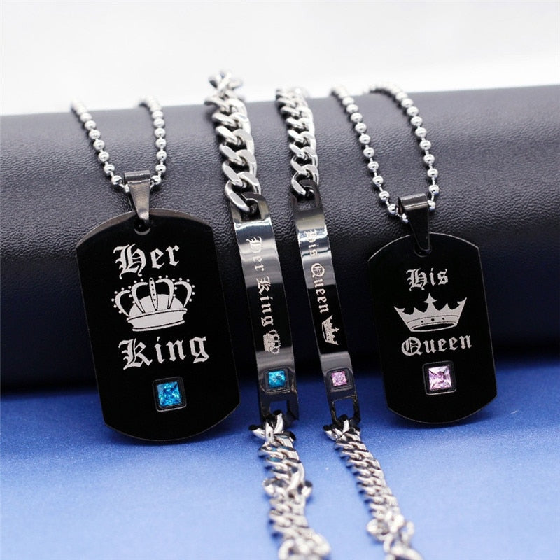 Black Necklaces & Pendants Her King And His Queen Couple  Stainless Steel Pink Blue Crystal  Bracelet Necklace Set