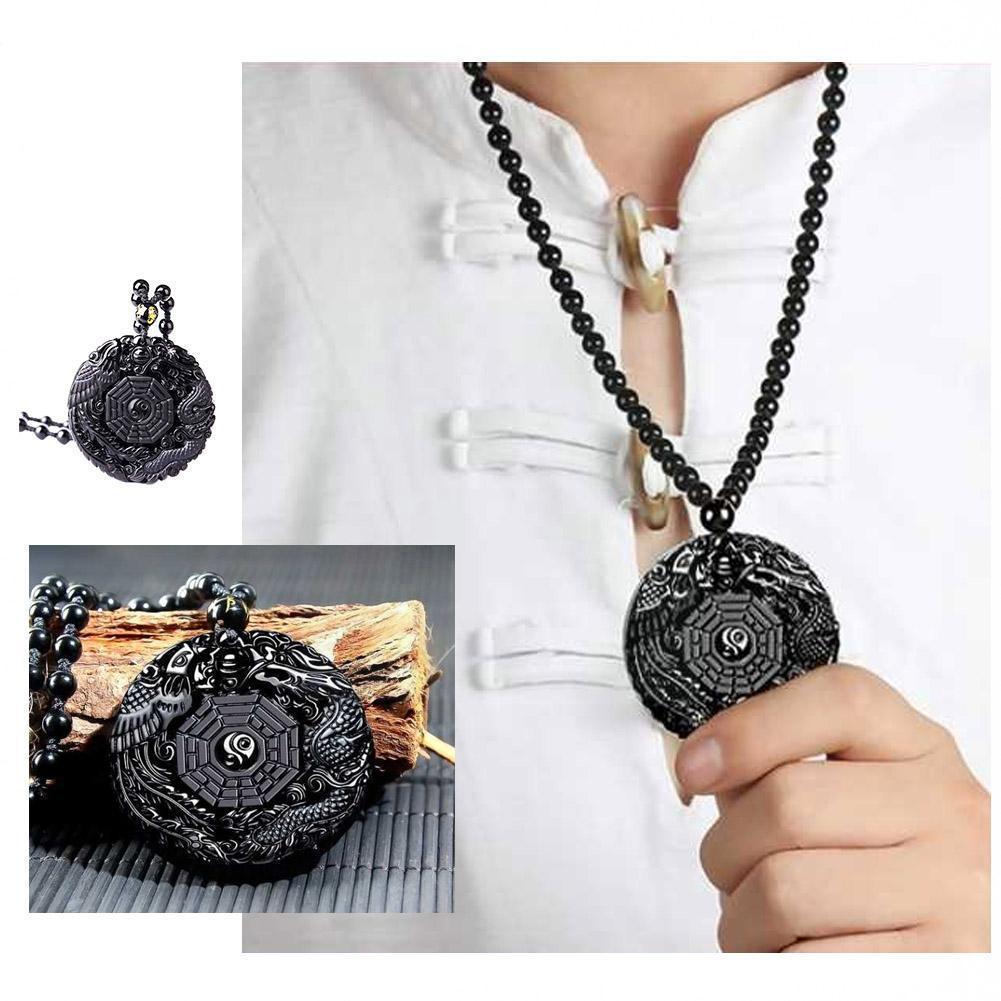 Black Obsidian Carving Dragon And Phoenix Necklace China Style Gossip Pendant Necklaces For Women Men Lucky Amulet Peace Ma K3f6