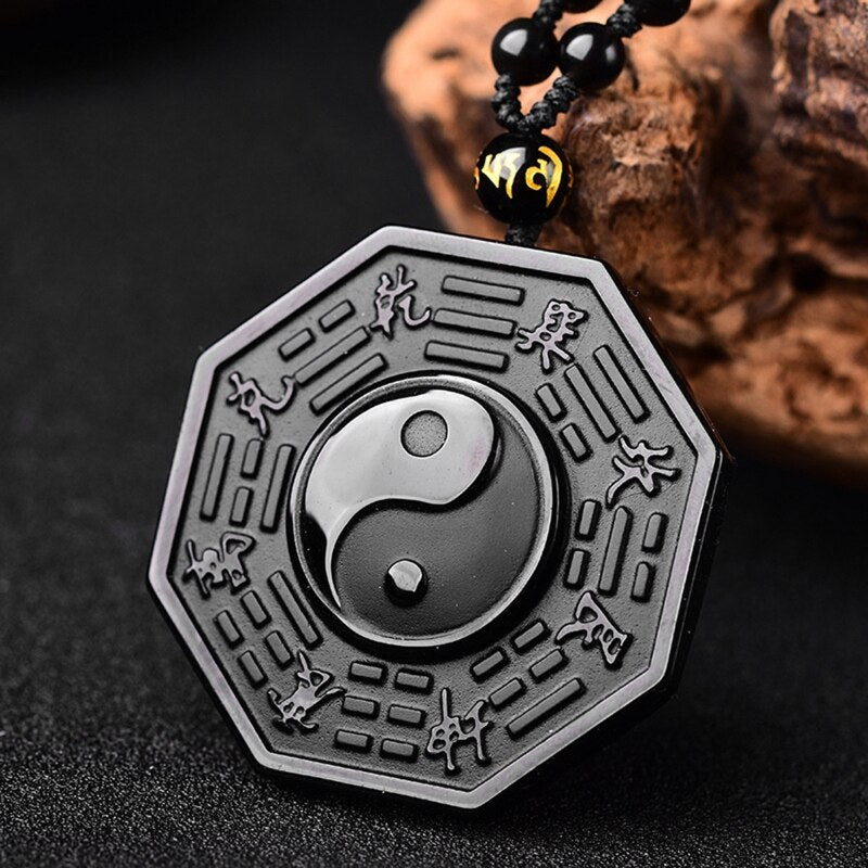 Black Obsidian Chinese Philosophy Taoist Symbol Taichi Yoga Necklace Eight Diagrams Yin Yang Amulet Pendant Jewelry