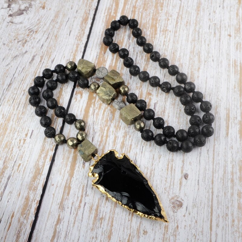 Black Obsidian Women Necklace Raw Pyrites With Gilded Arrowhead Pendant Necklace Girls Beads Lariat Necklace