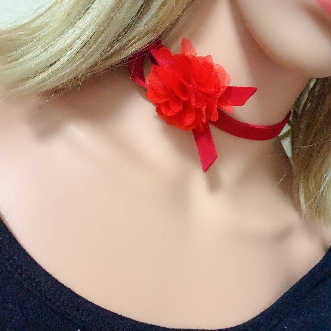 Black Red Women Handmade Leather Flower Punk Collar Choker Necklace Accessory