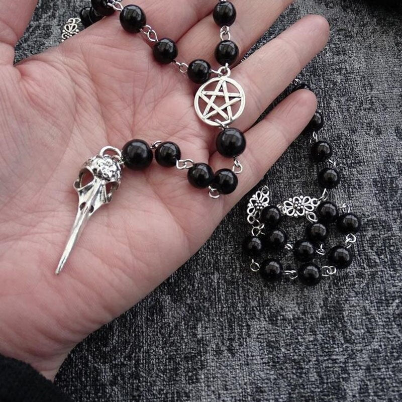 Black Rosary with Pentagram and Moon Pendant in Antique Silver, Gothic Necklace, Crescent, Black Beaded Necklace