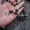 Black Rosary with Pentagram and Moon Pendant in Antique Silver, Gothic Necklace, Crescent, Black Beaded Necklace