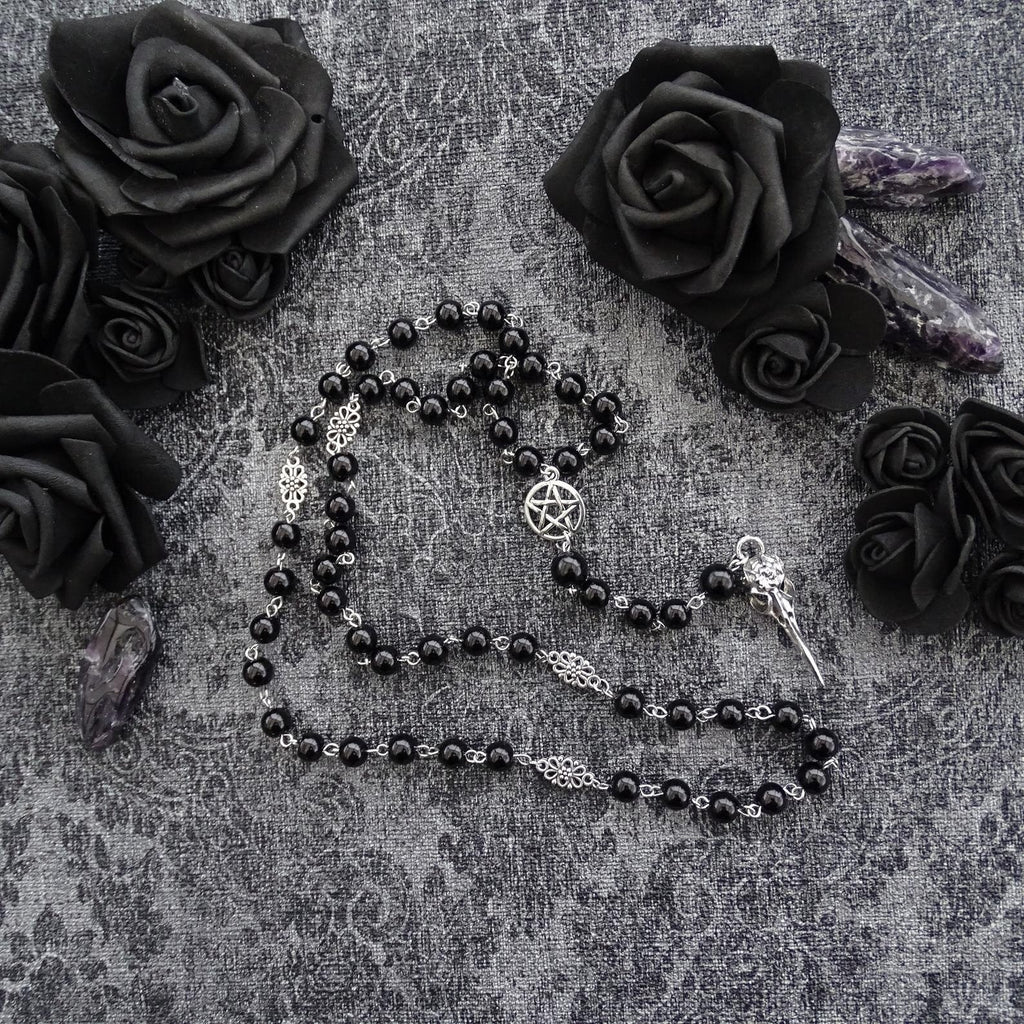 Black Rosary with Pentagram and Moon Pendant in Antique Silver, Gothic Necklace, Crescent, Black Beaded Necklace