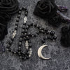 Black Rosary with Pentagram and Moon Pendant in Antique Silver, Gothic Necklace, Crescent, Black Beaded Necklace