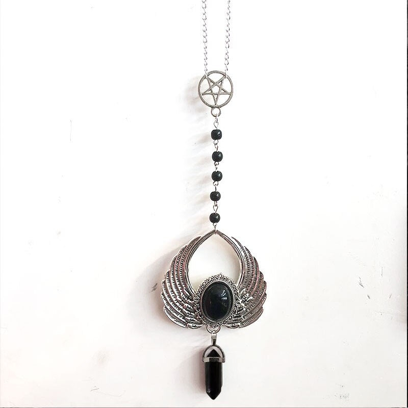 Black Rosary with Pentagram and Moon Pendant in Antique Silver, Gothic Necklace, Crescent, Black Beaded Necklace