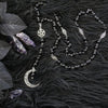 Black Rosary with Pentagram and Moon Pendant in Antique Silver, Gothic Necklace, Crescent, Black Beaded Necklace