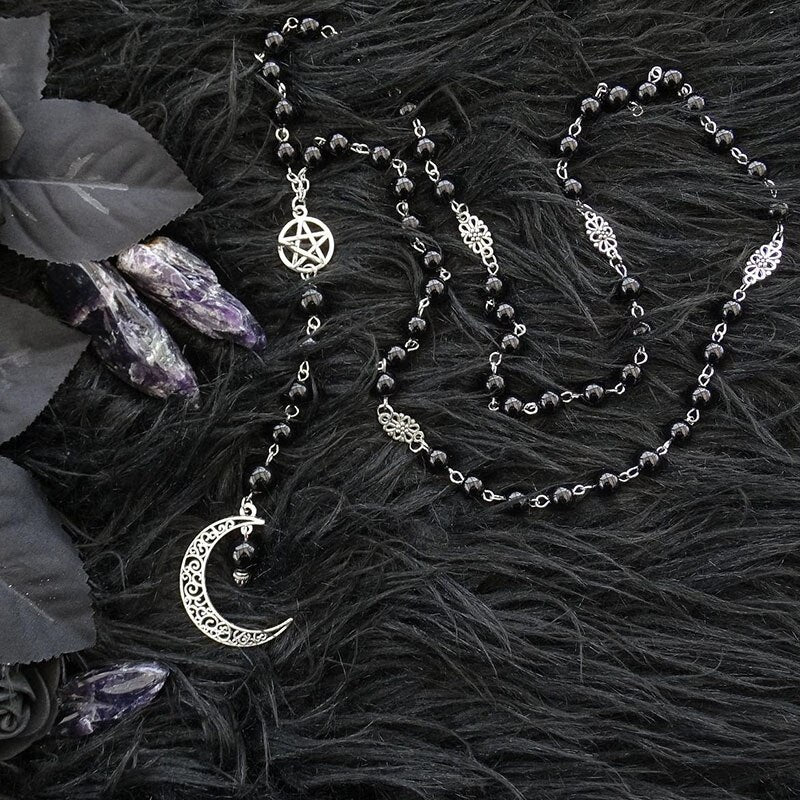 Black Rosary with Pentagram and Moon Pendant in Antique Silver, Gothic Necklace, Crescent, Black Beaded Necklace