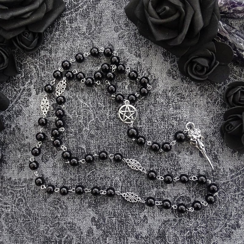 Black Rosary with Pentagram and Moon Pendant in Antique Silver, Gothic Necklace, Crescent, Black Beaded Necklace