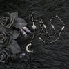 Black Rosary with Pentagram and Moon Pendant in Antique Silver, Gothic Necklace, Crescent, Black Beaded Necklace