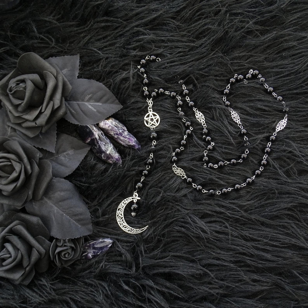 Black Rosary with Pentagram and Moon Pendant in Antique Silver, Gothic Necklace, Crescent, Black Beaded Necklace