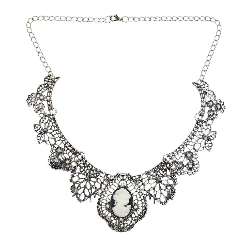 Black Sexy Lace Pendant Necklace Hollow Lace Flower Vintage Queen Head Crystal Pendant Chokers Necklace For Women Jewelry