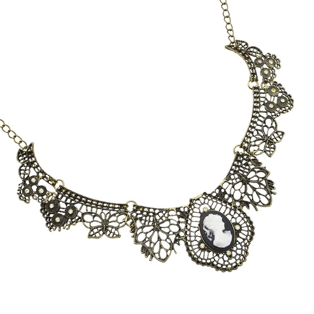 Black Sexy Lace Pendant Necklace Hollow Lace Flower Vintage Queen Head Crystal Pendant Chokers Necklace For Women Jewelry