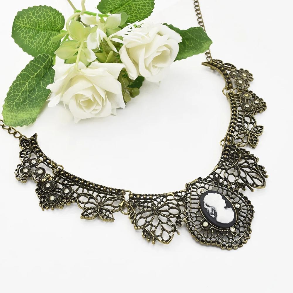 Black Sexy Lace Pendant Necklace Hollow Lace Flower Vintage Queen Head Crystal Pendant Chokers Necklace For Women Jewelry