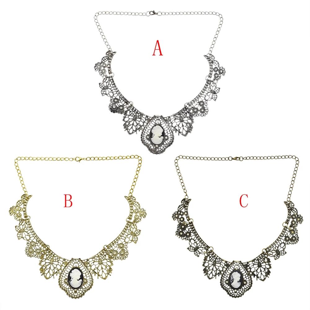 Black Sexy Lace Pendant Necklace Hollow Lace Flower Vintage Queen Head Crystal Pendant Chokers Necklace For Women Jewelry