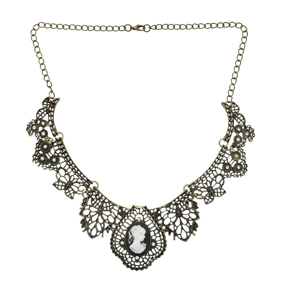 Black Sexy Lace Pendant Necklace Hollow Lace Flower Vintage Queen Head Crystal Pendant Chokers Necklace For Women Jewelry