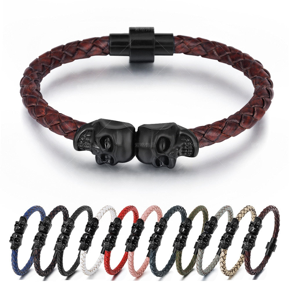 Black Skull Accessory Metal Charm Genuine Leather Braided Bracelet with Megnetic Clasp for Men Women