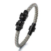 Black Skull Accessory Metal Charm Genuine Leather Braided Bracelet with Megnetic Clasp for Men Women