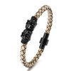 Black Skull Accessory Metal Charm Genuine Leather Braided Bracelet with Megnetic Clasp for Men Women