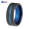Black Tungsten Carbide Men Ring Unique Wedding Ring Blue Inside And Groove VERTICAL Brush Finish